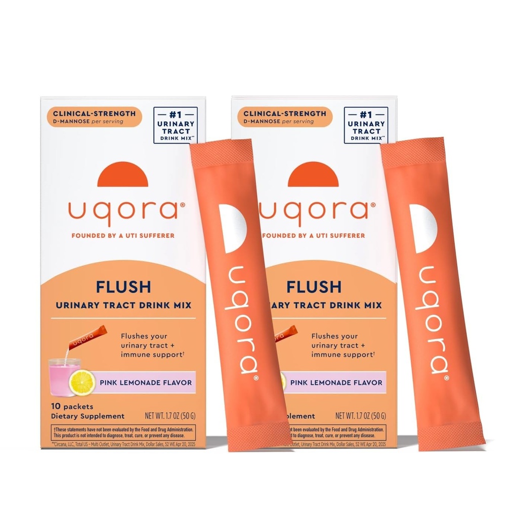 Uqora Flush - Urinary Tract* με D-Μαννόζη, Βιταμίνη C, Βιταμίνη B6, Κάλιο, Μαγνήσιο & Ασβέστιο - Χωρίς γλουτένη & Vegan - Pink Λεμονάδα Γεύση - 20 Πακέτα (2 Συσκευασία)