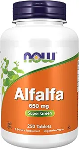 NOW Συμπληρώματα Τροφίμων, Alfalfa 650 mg πηγή βιταμίνης Κ, Πράσινα Superfoods, 250 δισκία