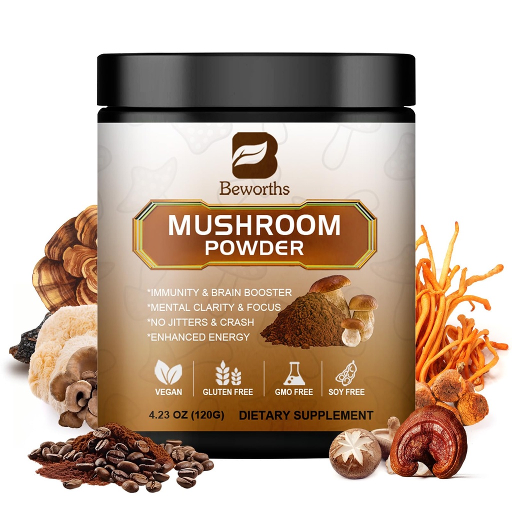 Mushroom Coffee - Lions Mane Mushroom Powder Instant Coffee with Lion's Mane, Reishi, Chaga, Cordyceps, and Turkey Tail - Mushroom Coffe Εναλλακτική λύση για ενέργεια, ψυχική σαφήνεια & εστίαση, Brain Booster