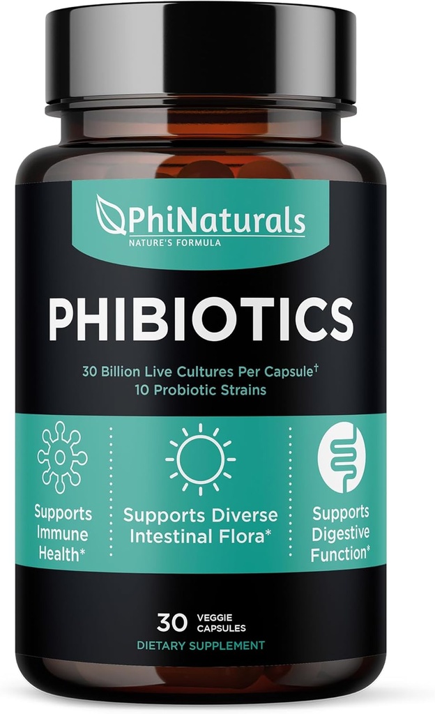 PhiNaturals Probiotics 10 Strains 30 Billion CFUs [30 Vegan Capses] for Women and Men Digestive Gut Health - Lactobacillus Acidophilus Salivarius Rhamnosus Bifidobacterium Probioticos