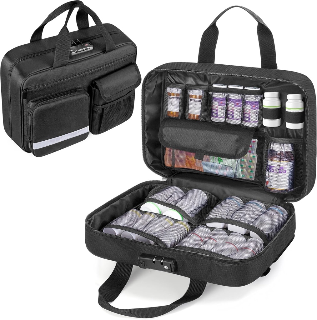 Damero Locking Pill μπουκάλι Organizer, ιατρική τσάντα αποθήκευσης Medicine Organizer Travel Carrying Θήκη για μεγάλα μπουκάλια, φάρμακα και ιατρικές προμήθειες, μαύρο