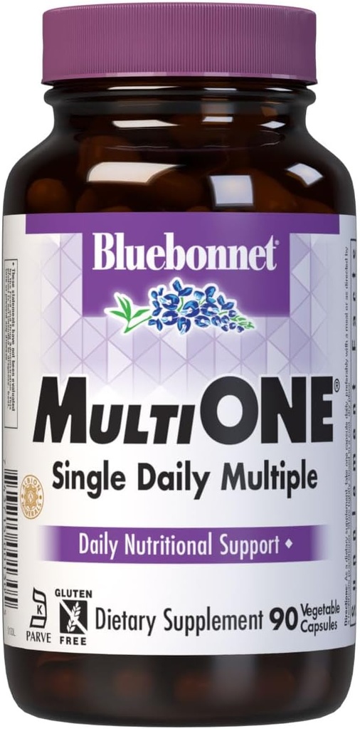 Bluebonnet Nutrition Multi One (με σίδηρο) κάψουλες λαχανικών, Πλήρης πλήρες φάσμα πολλαπλών συμπληρωμάτων βιταμίνης, βιταμίνες Β, χωρίς γλουτένη, χωρίς γάλα, Kosher, 90 κάψουλες λαχανικών, 3 μήνες προμήθεια