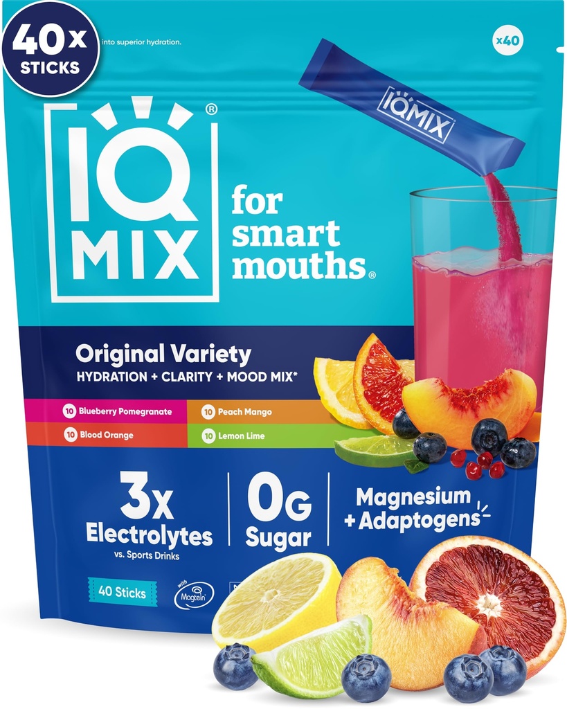 IQMIX Hydration Electrolyte Powder – 4-σε-1 Formula for Hydration, Mental Clarity, Mood and Recovery – Μείγμα ποτού χωρίς ζάχαρη, Keto, Magnesium L-Threonate, Mane Lion 40 Count Variety Pack