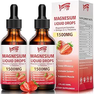 2 Pack Magnesium Glycinate Liquid Drops, 1500mg Magnesium Liquid Supplement with Vitamin B6, D3, L - Theanine, Omega3,Support Night, Muscle, Bone, Mood, Strawberry Flavor - 4 Fl Oz (120ml) Bottle