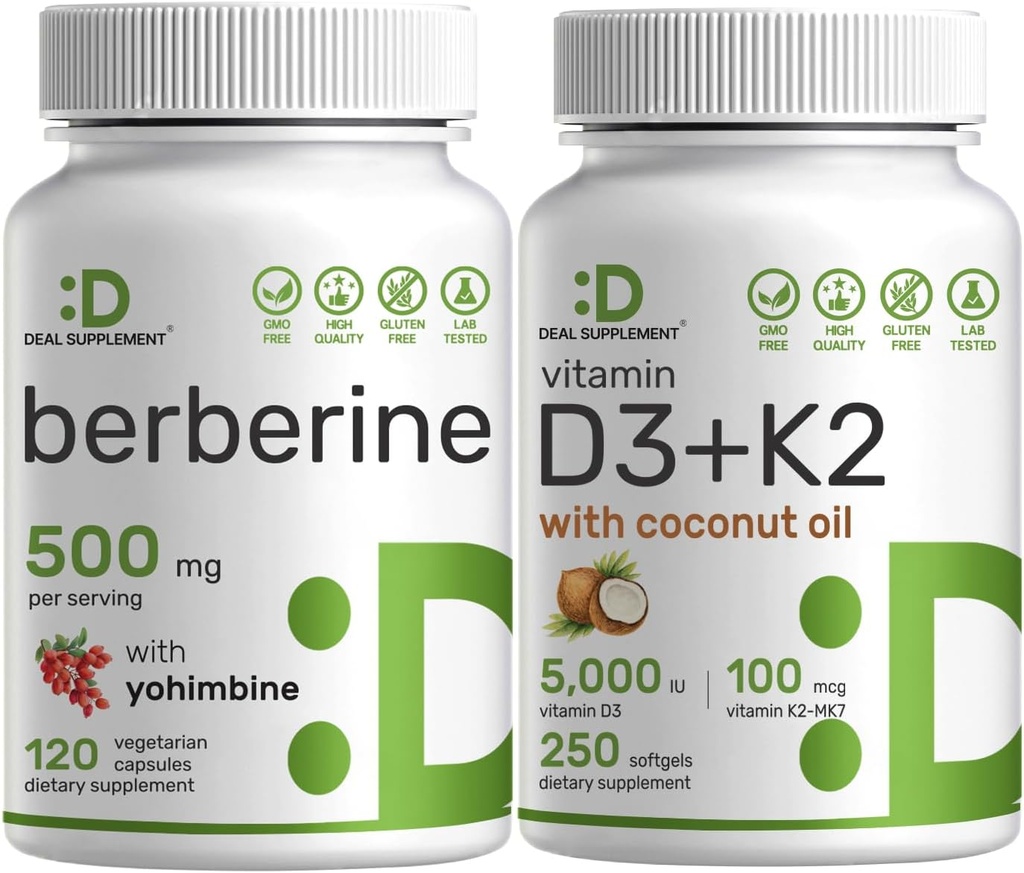 ΕΝΗΜΕΡΩΤΙΚΟ ΣΥΜΠΛΗΡΩΜΑ Βιταμίνη D3 5000iu + K2 100mcg Softgels & Berberine Supplement with Yohimbine Bundle – Essential Sunshine Vitamins – Hydrochloride HCl Υψηλής Απορρόφησης