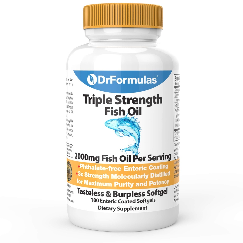DrFormulas 2000mg τριπλής αντοχής Ωμέγα 3 ιχθυέλαιο με EPA και DHA, 180 Burpless Softgels