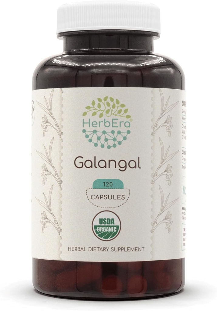 HerbEra Galangal 120 Κάψουλες, 500 mg, USDA Organic Galangal (Alpinia Galangal) Αποξηραμένη Ρίζα (120 Κάψουλες)