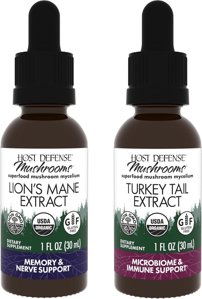 Host Defense Bundle with Lion's Mane Extract, 1 fl oz & Turkey Tail Extract, 1 fl oz - Υποστήριξη Εγκεφαλική Υγεία, Μνήμη & Εστίαση - Υποστήριξη Digestive Υγεία & Ανοσολογική Ανταπόκριση*