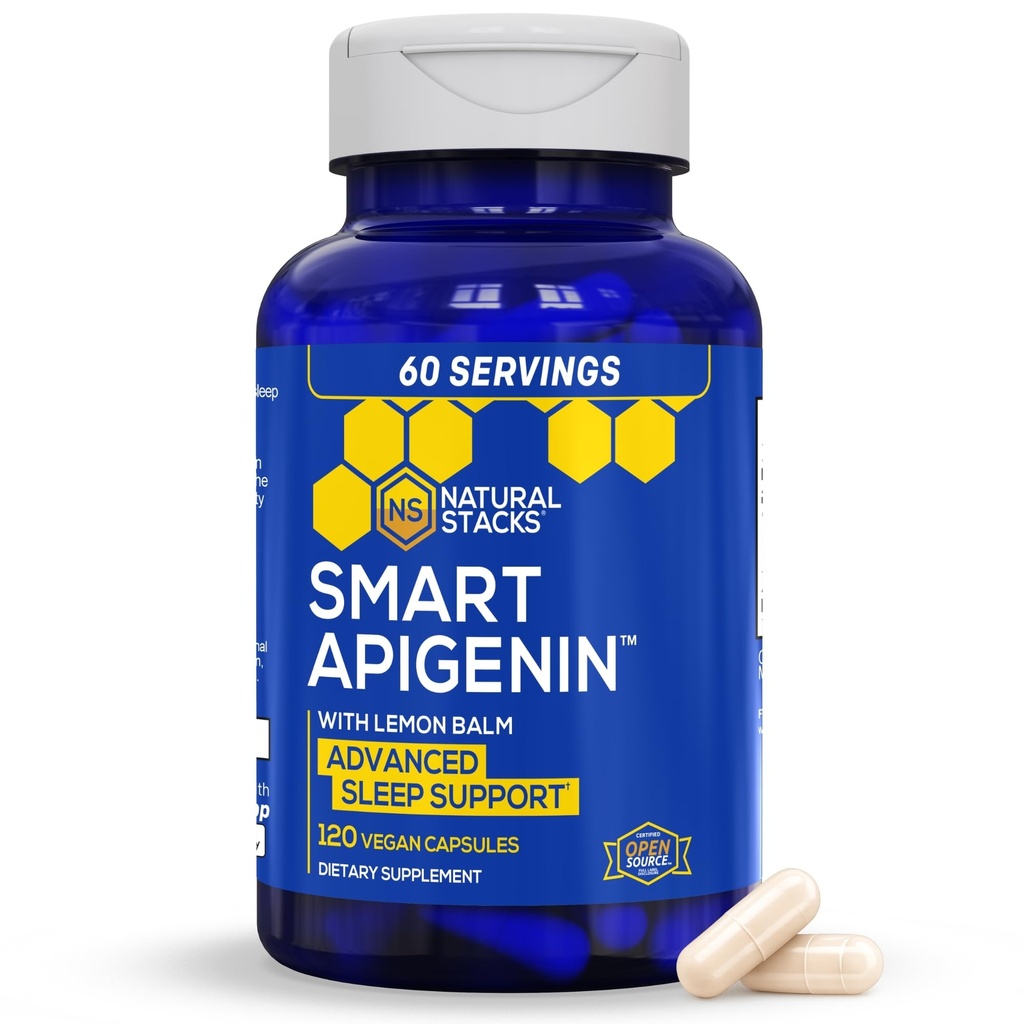 NATURAL STACKS Apigenin Supplement for Sleep - 50mg Apigenin & 600mg Lemon Balm - Μελατονίνη Δωρεάν Sleep Aid - with Passion Flower Extract for Stress Support* - 120 κάψουλες Lemon Balm
