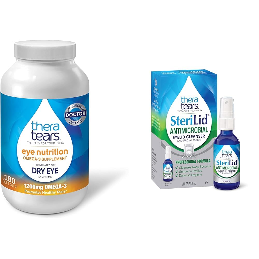 TheraTears 1200mg Omega 3 Συμπλήρωμα για τη Διατροφή των ματιών, Βιολογικό λιναρόσπορο Τριγλυκερίδια Fish Oil και Βιταμίνη E, 180 Count & SteriLid Eleid Καθαριστικό και Πλύσιμο προσώπου, για Ερεθισμένα Μάτια, 2 fl oz Spray