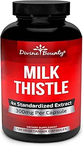Divine Bounty Pure Milk Thistle Capsules Supplement - A Potent 1200mg Milk Thistle Supplement with 4X Concentrated Extract (Standardized) 120 Vegetarian Capsules