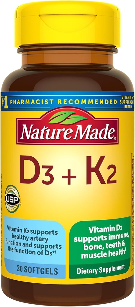 Nature Made Vitamin D3 K2 Supplement, 5000 IU (125 mcg) Βιταμίνη D για οστά, δόντια, μύες και ανοσοποιητική υποστήριξη, 30 D3 και K2 Softgels, 30 ημέρες προσφοράς