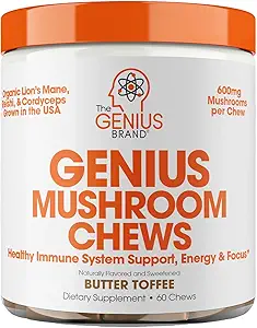 The Genius Brand Genius Mushroom - Plant-Based Supplement for Immune, Focus & Energy Support - Lion's Mane, Cordyceps & Reishi - Organic & Non-GMO - Butter Toffee - 60 Soft Chews