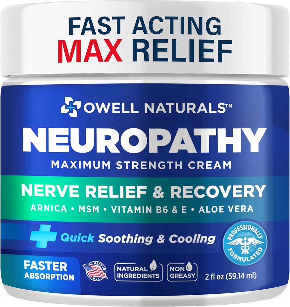 OWELL NATURALS Neuropathy Cream Extra Strength Nerve Relief Cream for Foot, Hands, Legs, Toes with Arnica, Vitamin B6, Aloe Vera, MSM - Made in USA
