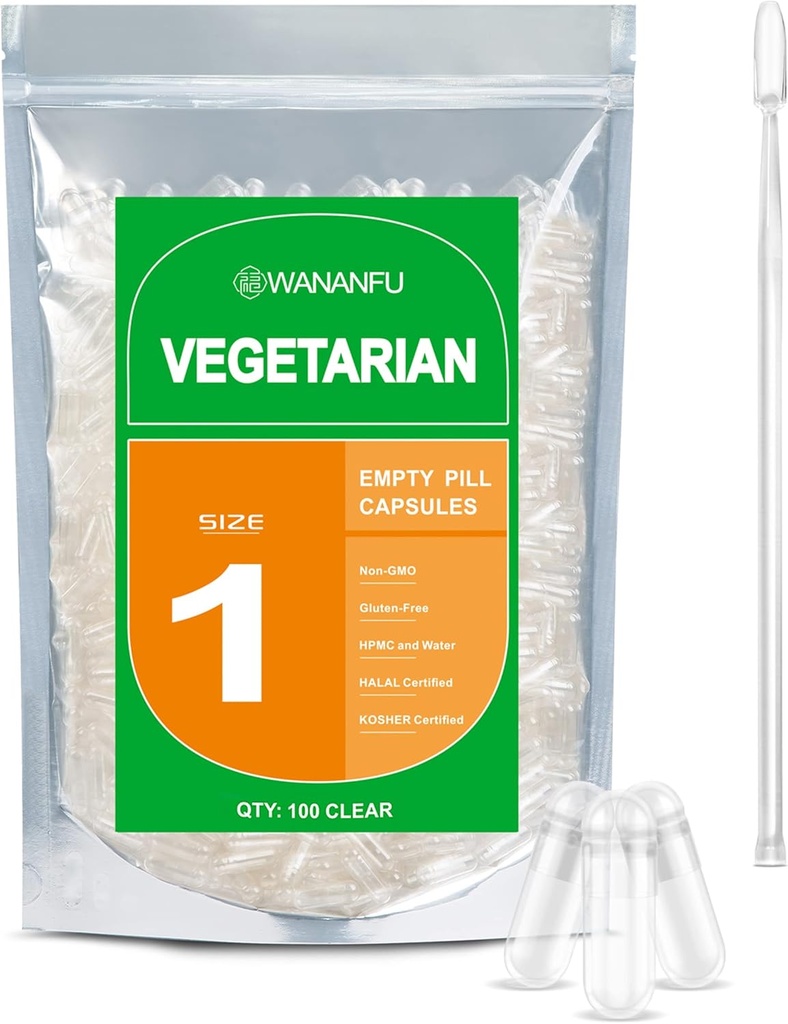 wananfu Size 1 Empty Capsules Vegetarian (100 Count) Bundle with Micro Lab Spoon, Clear Fillable Veggie Pill Capsules Size 1 for Making Your Own Supplements