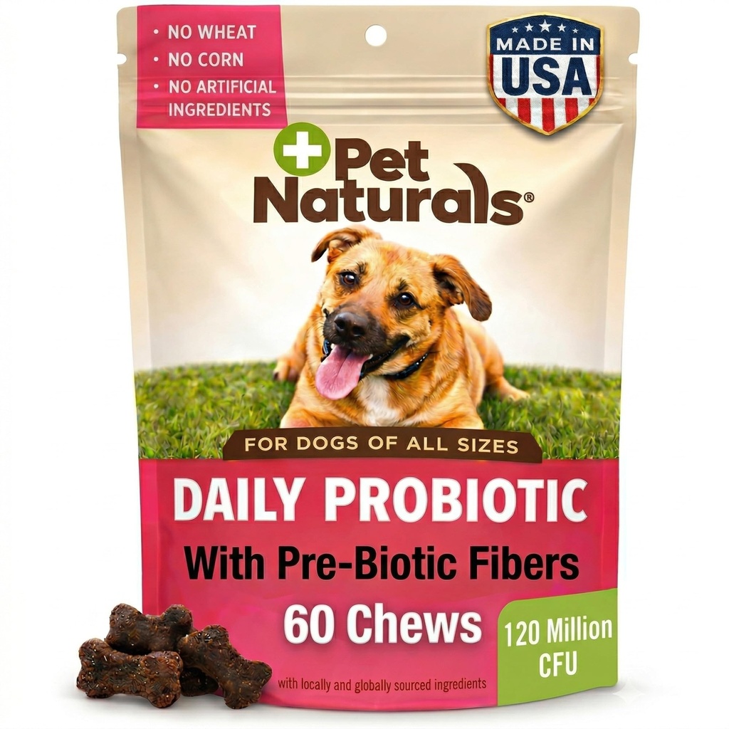 Pet Naturals Daily Probiotic για σκύλους, 120M CFUs - Pre και Probiotics για σκύλους Digestive Health, Gut Health, Immune Support, Diarrhea, Αλλεργίες και φαγούρα - 60 μάσημα, γεύση πάπιας