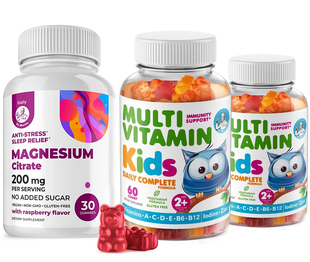 Kids Multivitamin Gummies 14 Essential Vitamins and Magnesium Gummies Sugar-Free - Daily Supplement Vitamin A,C,D,E Vegetarian B6&B12,Zinc,Biotin with Sugar-Free Magnesium Calm Chews for Kids&Adults