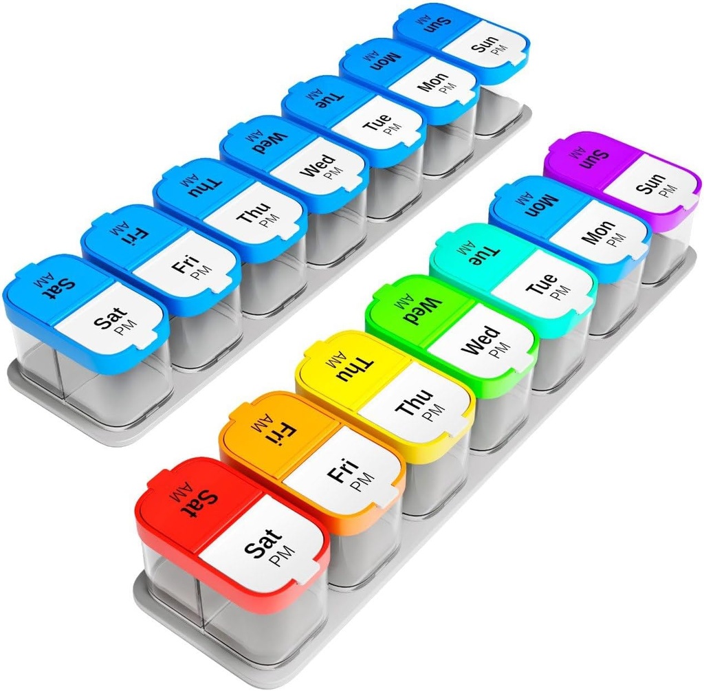 Extra Large Weekly Pill Organizer Set - 2 XL Vitamin Holders με 7 αποσπώμενα διαμερίσματα AM PM - Αξιόπιστη φαρμακευτική συσκευή για το σπίτι και τα ταξίδια, Φορητό συμπλήρωμα container, Rainbow & Blue/White