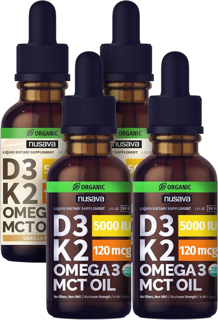 NUSAVA Άγευστες D3 K2 Υγρές σταγόνες και Vanilla Flavored D3 K2 Υγρές σταγόνες Bundle - Ισχυρές Υγρές Βιταμίνες για την καρδιά, αρθρώσεις, οστά, μύες, & ανοσοποιητική υποστήριξη - Μη-GMO, Χωρίς γλουτένη, 2pk κάθε μία