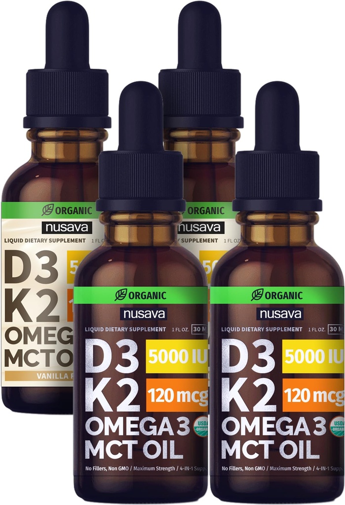 NUSAVA Άγευστες D3 K2 Υγρές σταγόνες και Vanilla Flavored D3 K2 Υγρές σταγόνες Bundle - Ισχυρές Υγρές Βιταμίνες για την καρδιά, αρθρώσεις, οστά, μύες, & ανοσοποιητική υποστήριξη - Μη-GMO, Χωρίς γλουτένη, 2pk κάθε μία