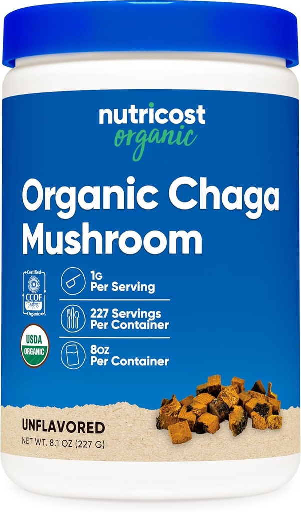 Nutricost 100% Βιολογική σκόνη μανιταριών Chaga 8oz (227 σερβιρίσματα) - Πιστοποιημένο USDA οργανικό, χωρίς γλουτένη και μη ΓΤΟ