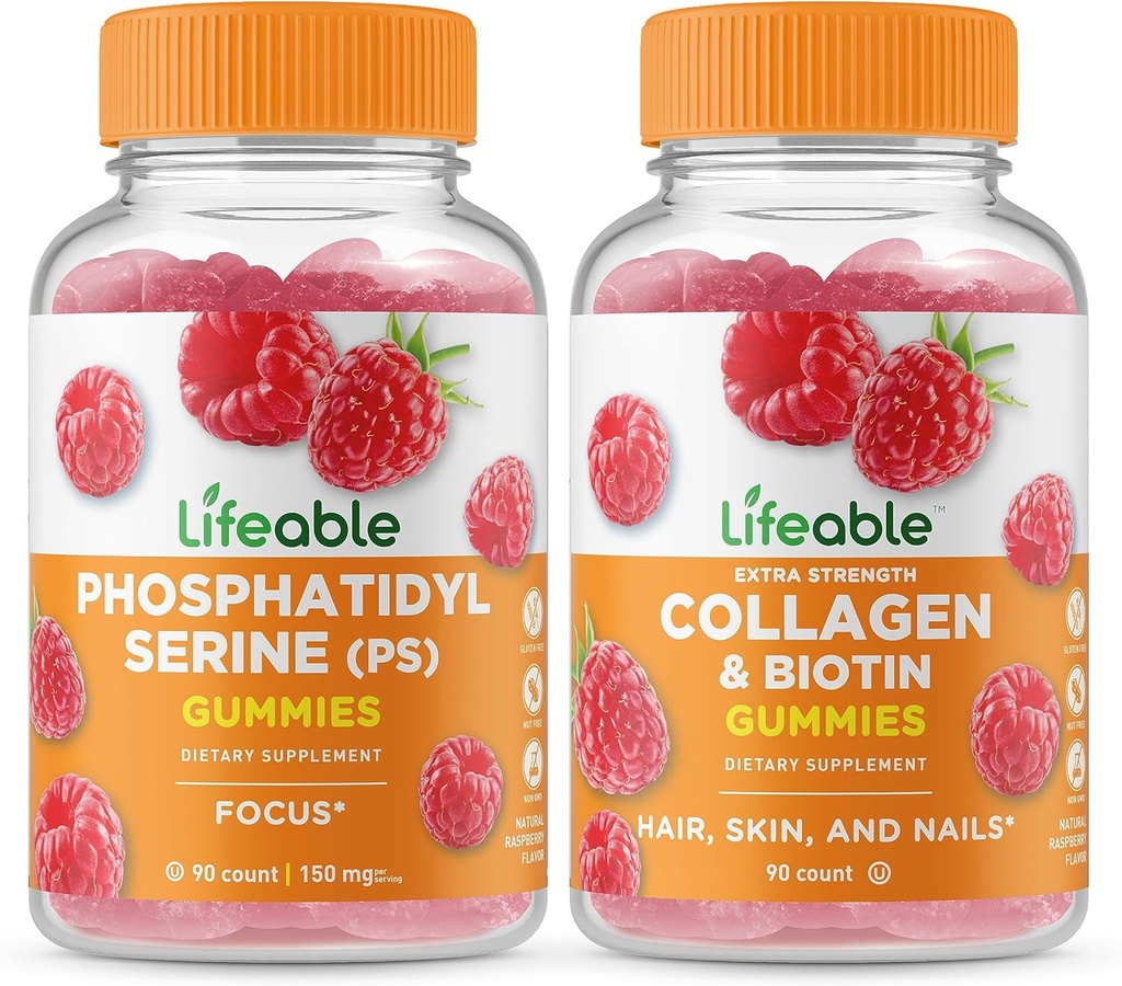 Lifeable Phosphatidylserine (PS) + Collagen & Biotin, Gummies Bundle - Great Tasting, Vitamin Supplement, Gluten Free, GMO Free, Chewable Gummy