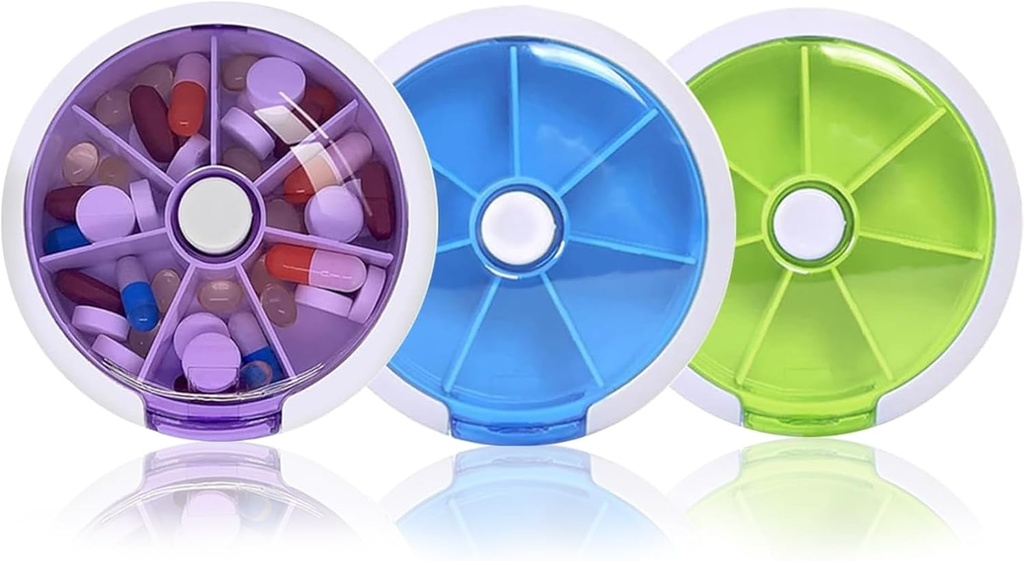 Pill Organizer Weekly 3PCS, INVODA Pill Υπόθεση 7 Ημέρα 3 φορές Medicine Pill Dispenser, Push Button Rotate Pill Planner με 7 διαμερίσματα (3 Group)