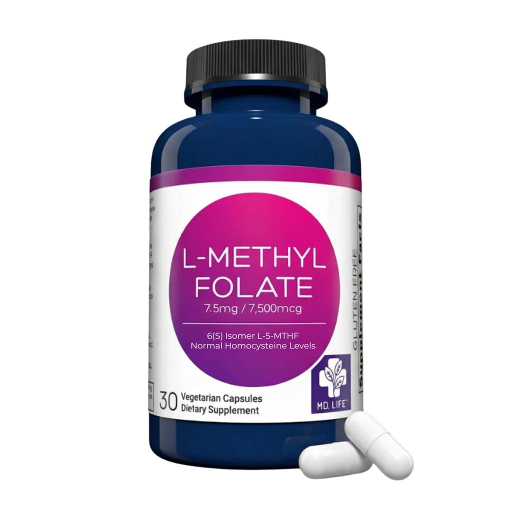 MD Life L- Methylfolate 7, 5 mg συμπλήρωμα - Επαγγελματικό- Grade Active L Methylfolate συμπλήρωμα - 30 κάψουλες - L- Methylfolate 7, 5 mg - Μέγιστη ισχύς MTHFR W/ Essential Amino Acids