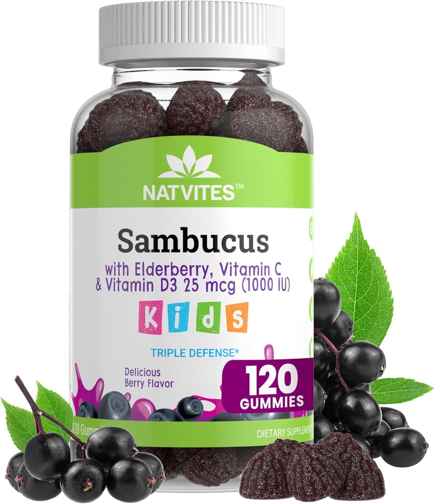 Black Sambucus Elderberry Gummies for Kids – Συμπλήρωμα ανοσοποιητικής υποστήριξης με βιταμίνη C και βιταμίνη D3 για την ενίσχυση της ανοσίας – Χορτοφαγική, μη ΓΤΟ, Χωρίς γλουτένη, Χωρίς καρύδες και γαλακτοκομικά – 120 Gummies (Pack of 1)