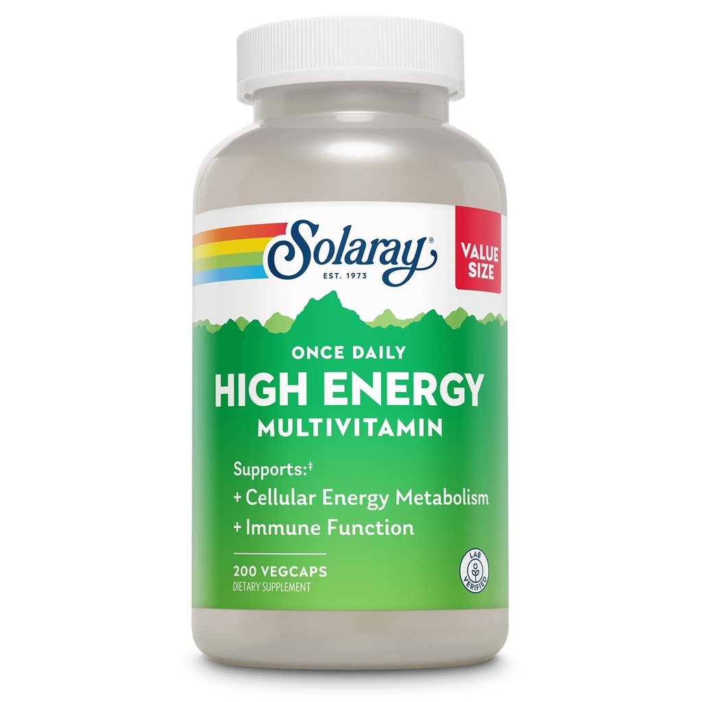 SOLARAY Once Daily High Energy Multivitamin for Women and Men - Ενεργειακά Συμπληρώματα - Immune Support w/Vitamin C, A, D and E, Vitamin B Complex, Trace Minerals, 60-Day Εγγύηση, 200 Serv, 200 VegCaps