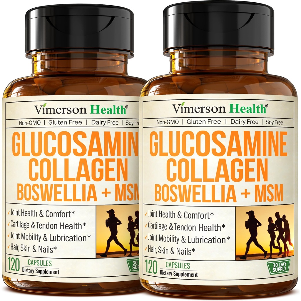Glucosamine Chondroitin w/ 1200mg Hydrolyzed Collagen Peptides, Boswellia Extract, Quercetin, Bromelain, MSM – Hair Skin Nails and Joint Supplement for Women & Men – FSA Eligible 120 Capsules, 2 Pack