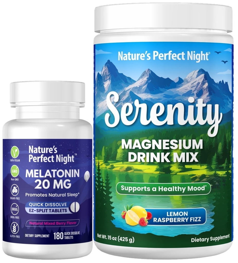 Nature's Perfect Night Melatonin 20mg Quick Dissolve Mixed Berry 180 Count with Serenity Magnesium Powder 15 oz Lemon Raspberry