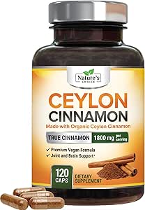 Ceylon Cinnamon Capses 1800mg - Πιστοποιημένη Βιολογική Κανέλα, Εμφιαλωμένη στις ΗΠΑ, & Pure Extra Strength Ceylon Cinnamon Supplement, Αντιοξειδωτικά Χάπια, Μη ΓΤΟ & Χωρίς Γλουτένη, Χωρίς ζάχαρη - 120 Κάψουλες