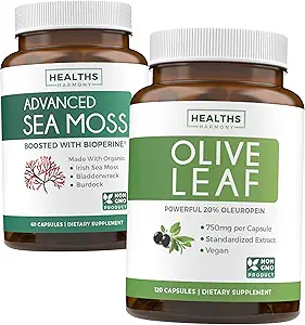 Sea Moss & Olive Leaf Extract (1-Month Supply) Olive Moss Blend - Organic Irish Sea Moss - Raw Vegan Supplement (60 Caps) & Olive Leaf Extract Super Strength: 20% Oleuropein - Χορτοφαγικά (120 Caps)