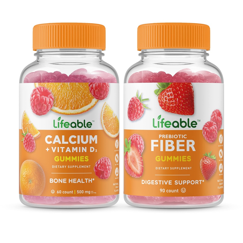 Lifeable Calcium with Vitamin D + Prebiotic Fiber 5g, Gummies Bundle - Great Tasting, Vitamin Supplement, Gluten Free, GMO Free, Chewable