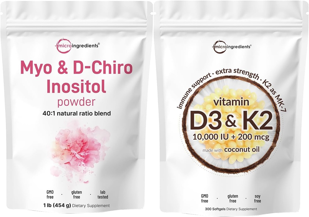 Micro Συστατικά Βιταμίνη D3 10.000iu + K2 200mcg Λάδι καρύδας Softgels & Myo & D-Chiro Ινοσιτόλη σκόνη Bundle 2 Pack 