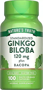 Nature's Truth Ginkgo Biloba 120mg | Plus Bacopa | 100 Quick Release Capsules | Standardized Extract | Non-GMO and Gluten Free Supplement