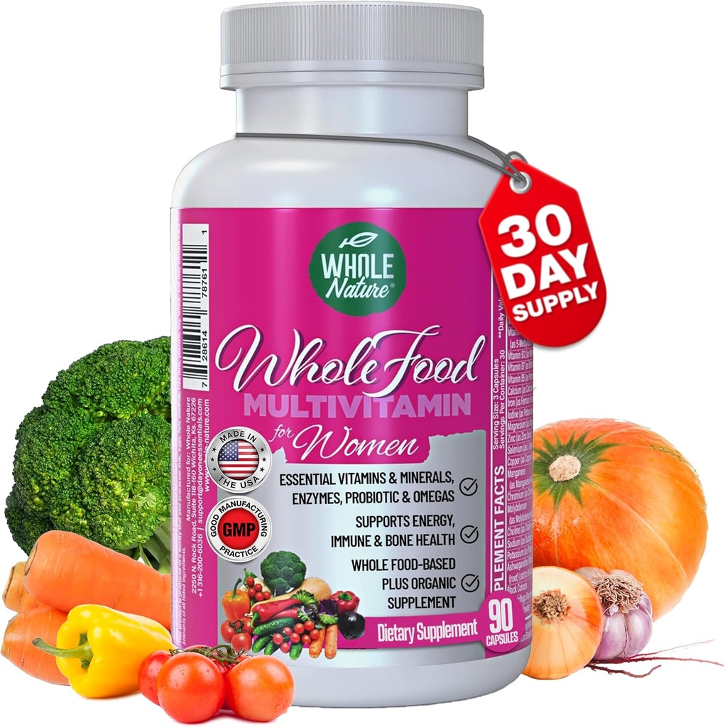 Whole Food Multivitamin for Women Womens Multi Vitamin with Folate, B12 Methyl, Vitamins, Minerals, Probiotics and Omegas, Vegan, Non GMO- 90 Capsules (1) (1)