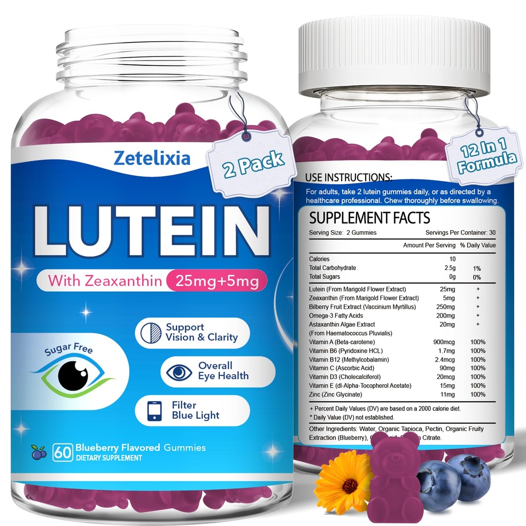 2 Pack Lutein Gummies, 12 σε 1 Lutein και Zeaxanthin Συμπληρώματα Οφθαλμικές Βιταμίνες Gummies για ενήλικες, Συμπλήρωμα για την υγεία των ματιών με πολλαπλές βιταμίνες για την προώθηση των ματιών και της όρασης - 120 Gummies