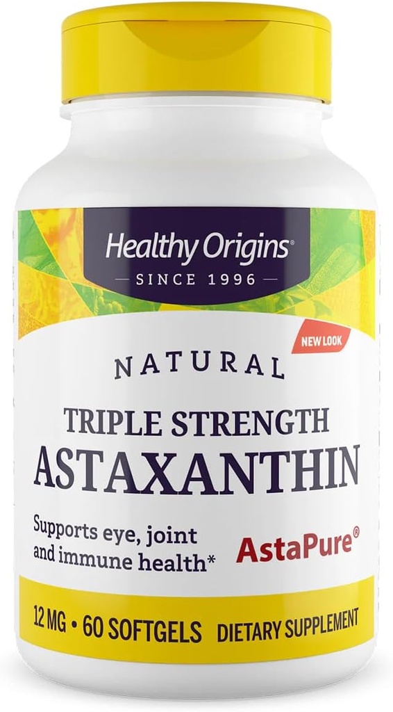 Healthy Origins Astaxanthin 12 mg (Natural, Astapure, Triple Strength, Non-GMO, Gluten Free, Eye Support, Joint Support, Immune Support), 60 Softgels