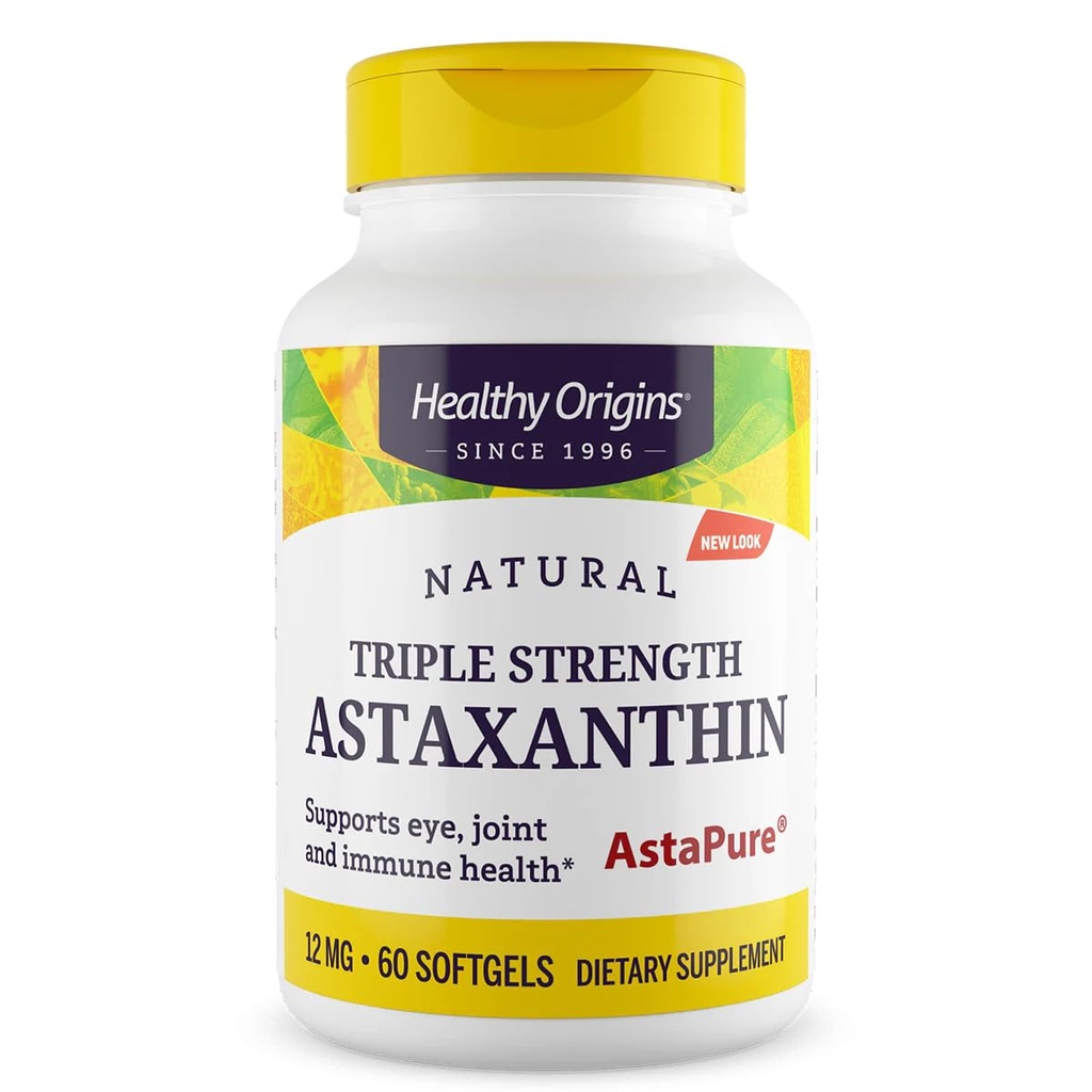 Healthy Origins Astaxanthin 12 mg, 60 Softgels - AstaPure Clinically Studied Algae - Supports Joint & Immune Health, Healthy Skin, Antioxidant for Cellular Protection & Eye Support - 2 Month Supply