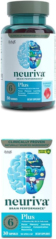 NEURIVA Nootropic Brain Support Supplement - Plus Φράουλα Gummies (50 Μετρήστε σε ένα μπουκάλι) με Nootropic Brain Support Supplement - Plus Κάψουλες (30 Μετρήστε σε ένα κουτί)