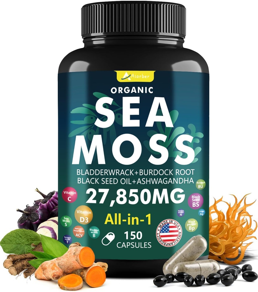 Sea Moss Capsules Complex with Black Seed Oil, Aşhwagandha, Burdock Root, Bladderwrack Ginger Vitamins Multimineral Supplement - Irish Wild Seamoss Pills Advanced Blend for Men&Women (150 Κάψουλες)