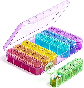 Odaro Weekly Pill Organizer 4 Times a Day, Daily Pill Box 7 Day, Large Travel Pill Case with 28 Compartment to Hold Medicine, Vitamin and Supplement - Purple Case