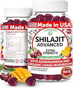 Lunakai USA Made Pure Shilajit Gummies 1200mg with Ashwagandha & Chaga - Ιμαλαΐων Shilajit για άνδρες & γυναίκες, ενέργεια & υποστήριξη ζωτικότητας, 60ct