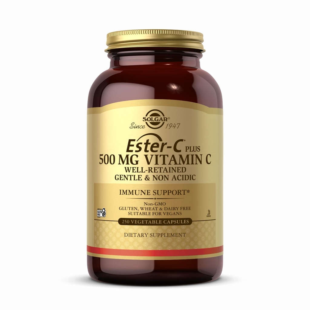 Solgar Ester-C Plus 500 mg Βιταμίνη C (Ascorbate Complex) - 250 κάψουλες λαχανικών - Απαλές & μη όξινες - Αντιοξειδωτική & Ανοσολογική Υποστήριξη - Μη ΓΤΟ, Vegan, Χωρίς γλουτένη, Kosher - 250 Σερβιέτες
