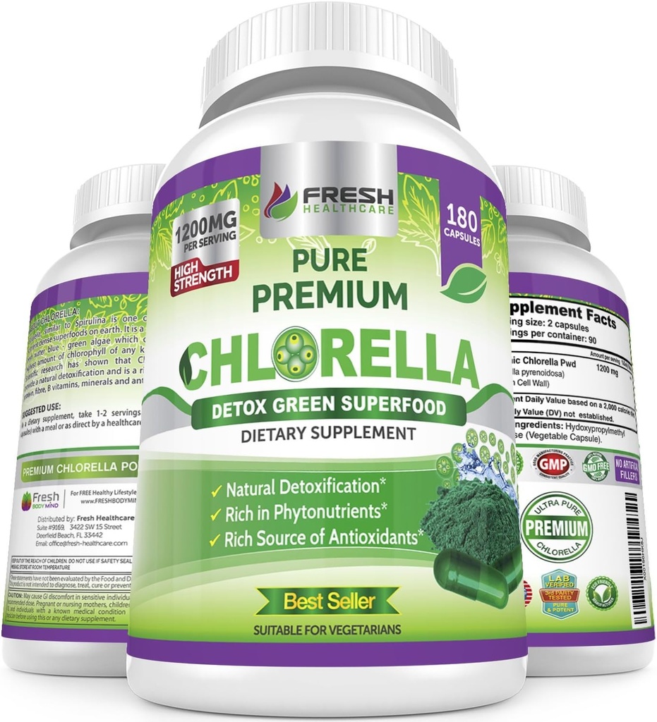 FRESH HEALYCARE Premium Chlorella Supplement, 1200mg Pure Vegan Powder Caps, 180 Chlorophyl και CFG Pills, Natural Detox Superfood, Φυσικά Περιέχει Β Βιταμίνες και Ορυκτά
