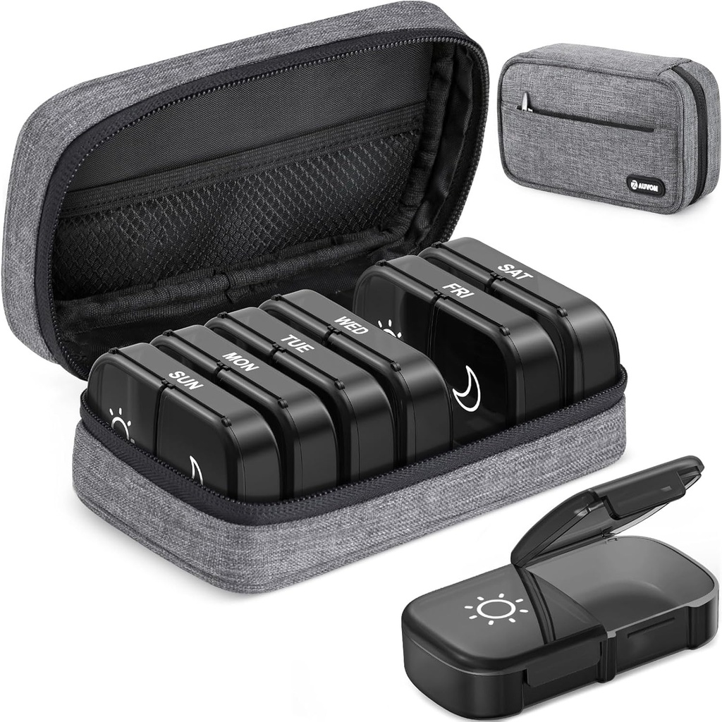 AUVON Canvas Τσάντα XL Weekly Pill Organizer 2 φορές την ημέρα, Travel Pill Box 7 Ημέρα με μία-πλευρά μεγάλο άνοιγμα, AM Pill περίπτωση με φορητό χαρτοκιβώτιο για συμπληρώματα, βιταμίνες, ιχθυέλαια