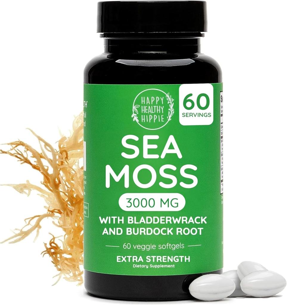 Happy Healthy Hippie Sea Moss Gel Capsules 3,000 mg (1 Daily) – Immunity, Energy Boost & Digestive Support | Wildcrafted Irish Seamoss Pills, Burdock Root, Bladderwrack | Made in USA, Vegan, 60 Ct