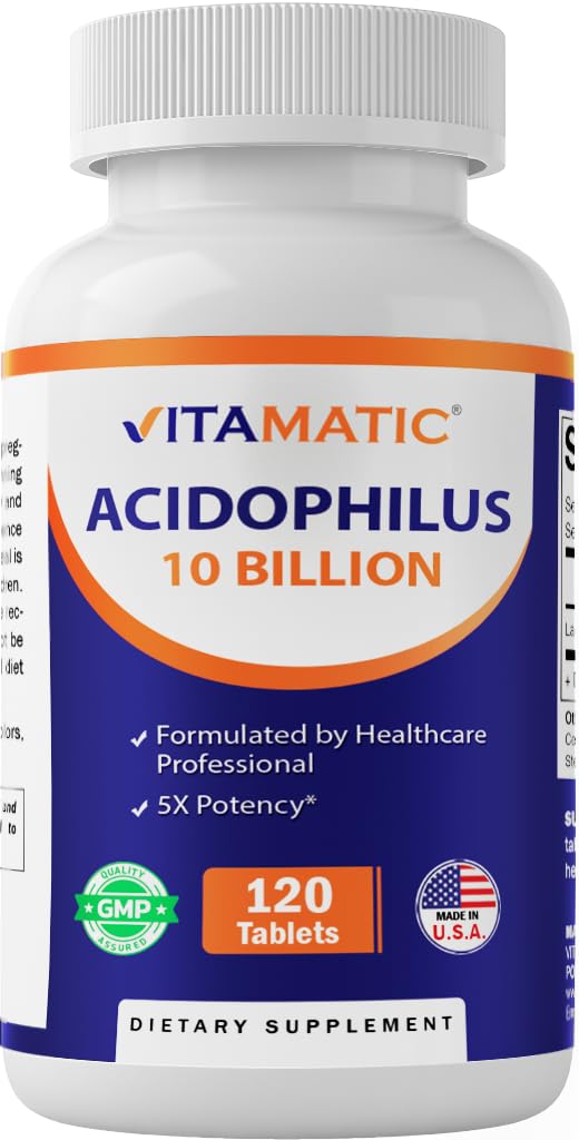 Vitamatic Acidophilus Probiotic - 10 δισεκατομμύρια CFU - 5X Ικανότητα - ημερήσιο συμπλήρωμα προβιοτικών, υποστηρίζει Digestive Υγεία - 120 δισκία